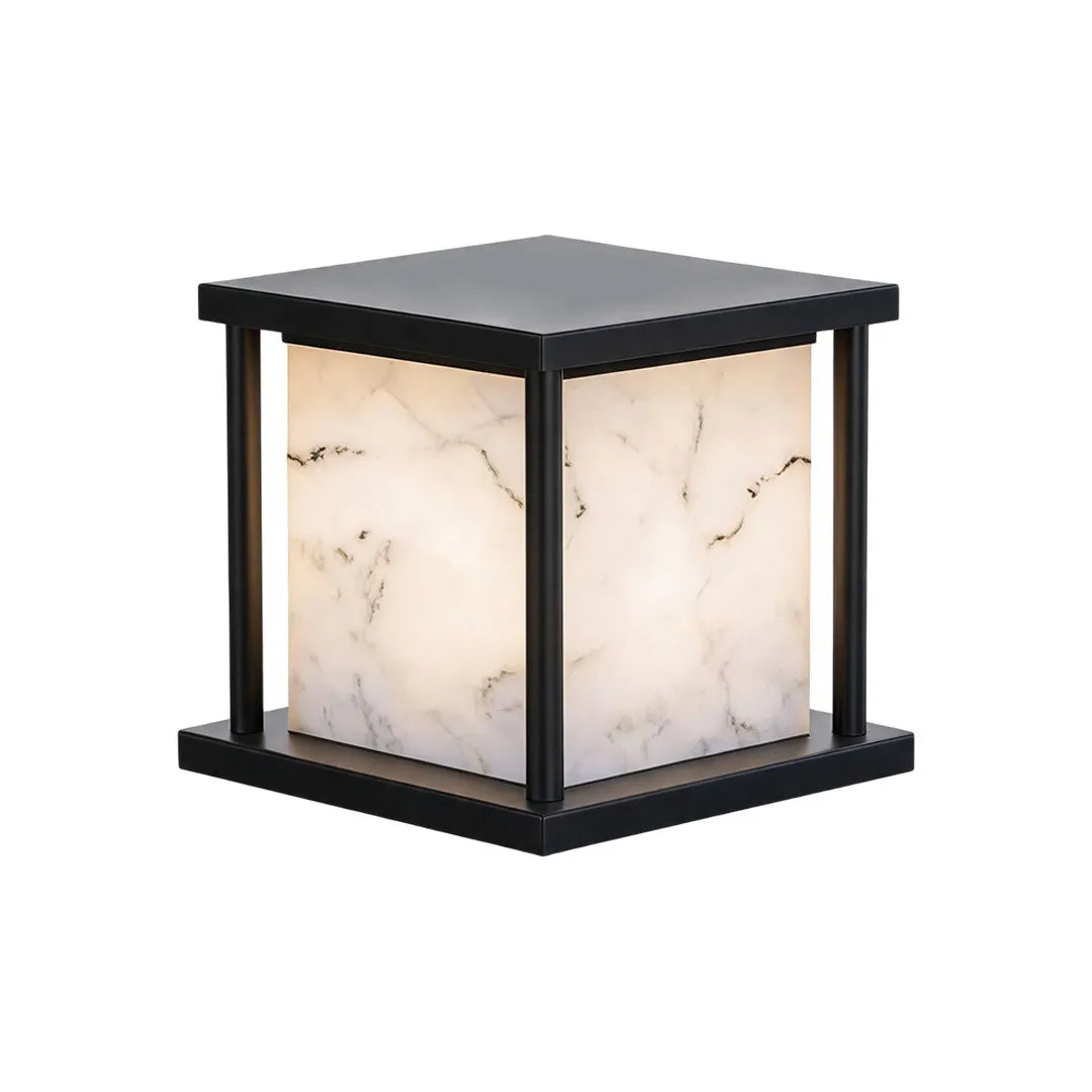 Outdoor pillar solar lights with a modern square design and faux marble light panels.
