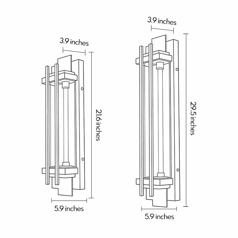 Technical diagram of modern outdoor sconce lighting showing dimensions and installation details.