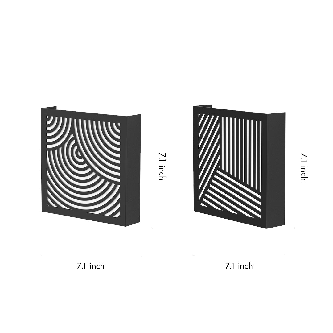 Abstract-patterned modern outdoor sconces black set displayed in multiple angles on a clean white background.
