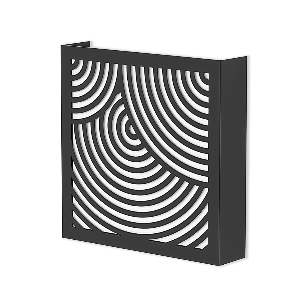 Square modern outdoor sconces black design featuring circular wave cutout pattern and soft interior glow.