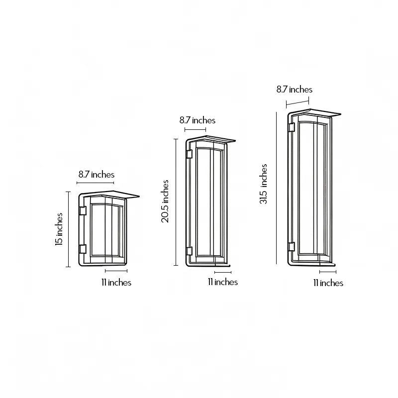 Modern outdoor solar wall lights dimension drawing showing multiple size options and fixture measurements.