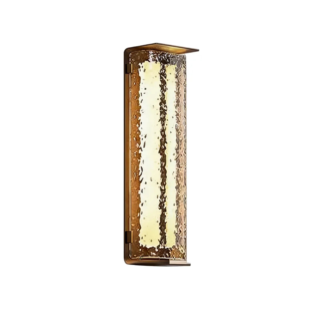 Modern outdoor solar wall lights product image showing a larger vertical rectangular fixture with warm internal lighting.