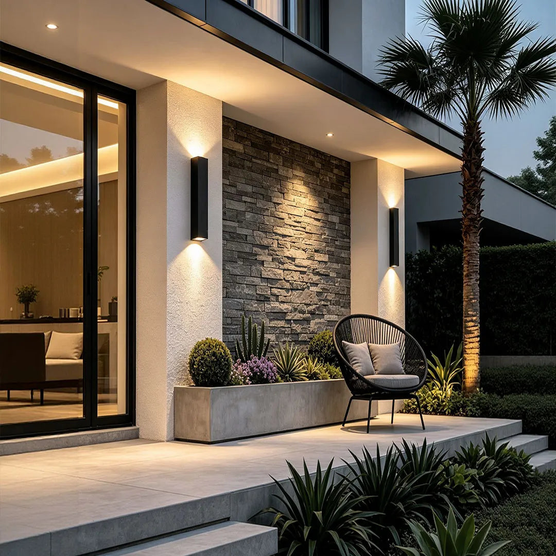 Modern outdoor up and down wall lights for a covered patio