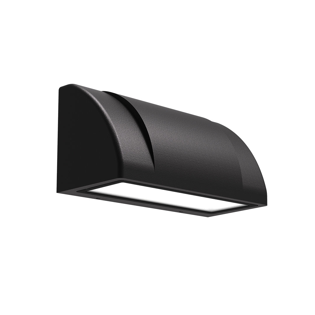 Modern outdoor wall light shown from below, emphasizing the curved top and evenly diffused LED lighting panel.