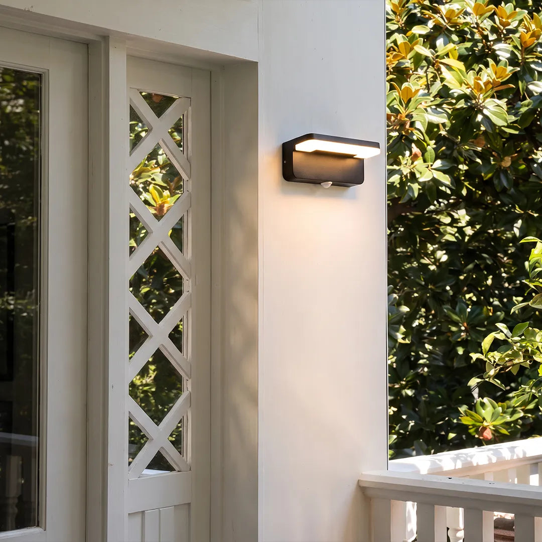 Modern outdoor wall light illuminating home entrance beside garden shrubs