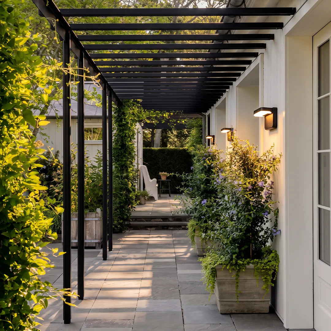 Modern outdoor wall lights illuminating covered garden walkway and plants