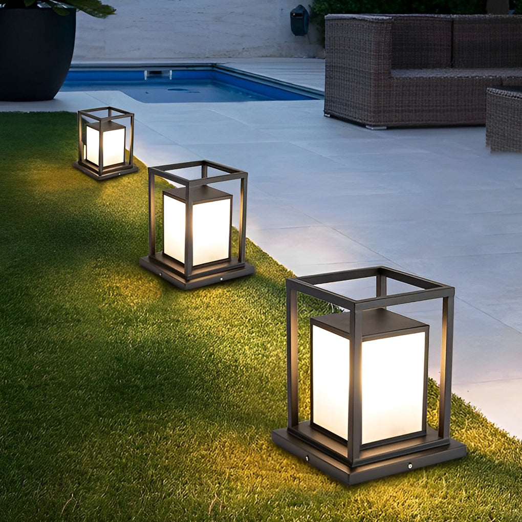 Modern outdoor wall pillar lights illuminating poolside area with reflections on water surface.