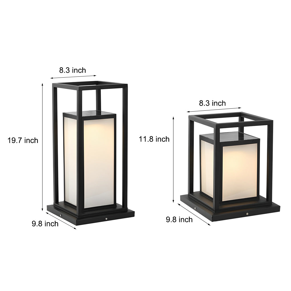 Modern outdoor wall pillar lights shown in two size options with labeled dimensions.