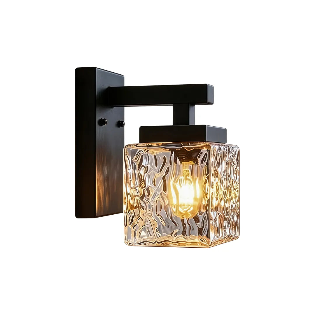 Modern outdoor wall sconce with black metal arm square glass shade and warm glow