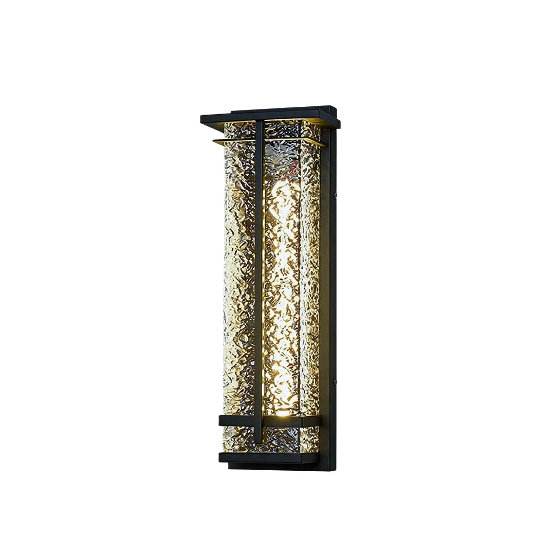 Modern outdoor wall sconce with black metal frame and textured glass shade
