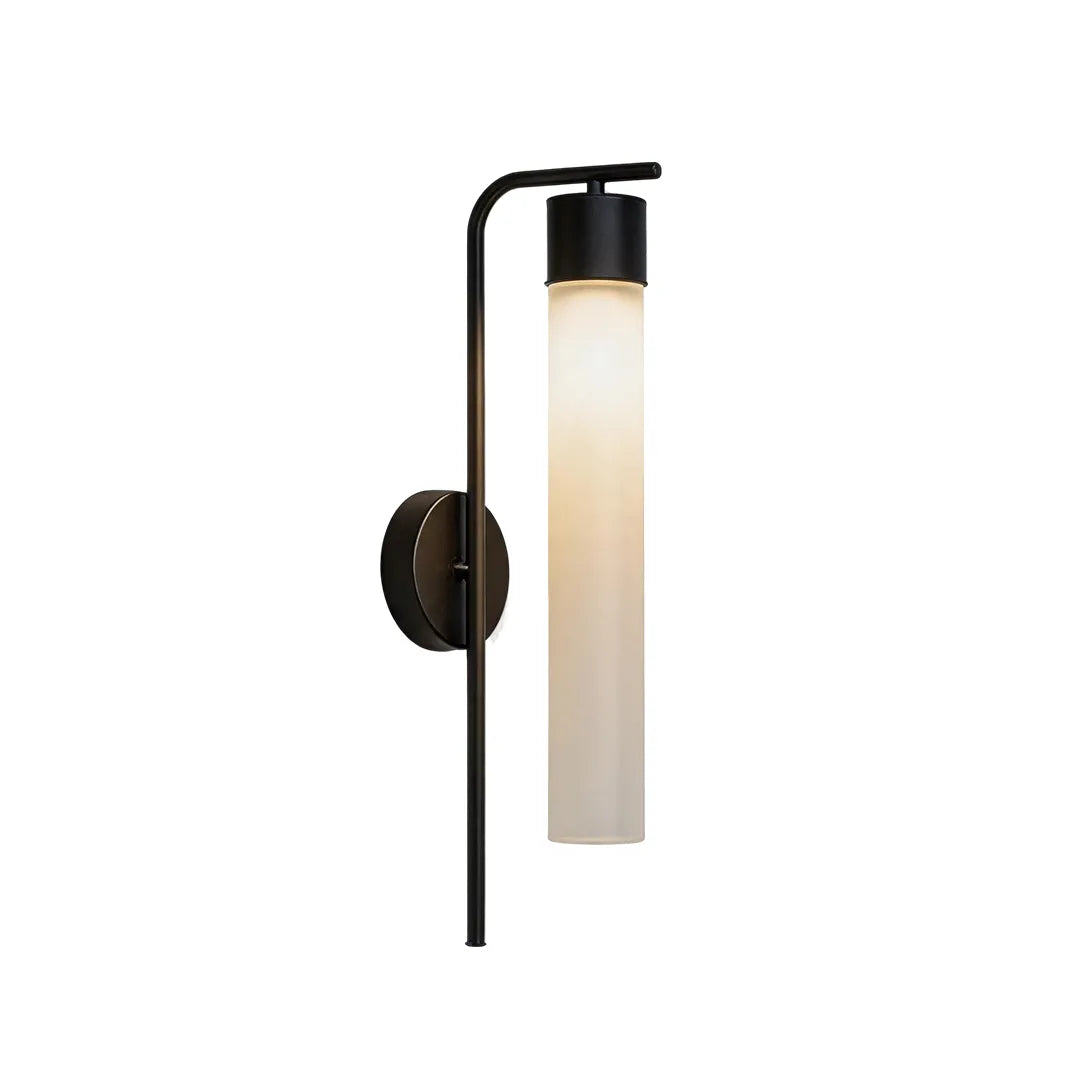 Modern outdoor wall sconce with black metal frame and warm cylindrical light