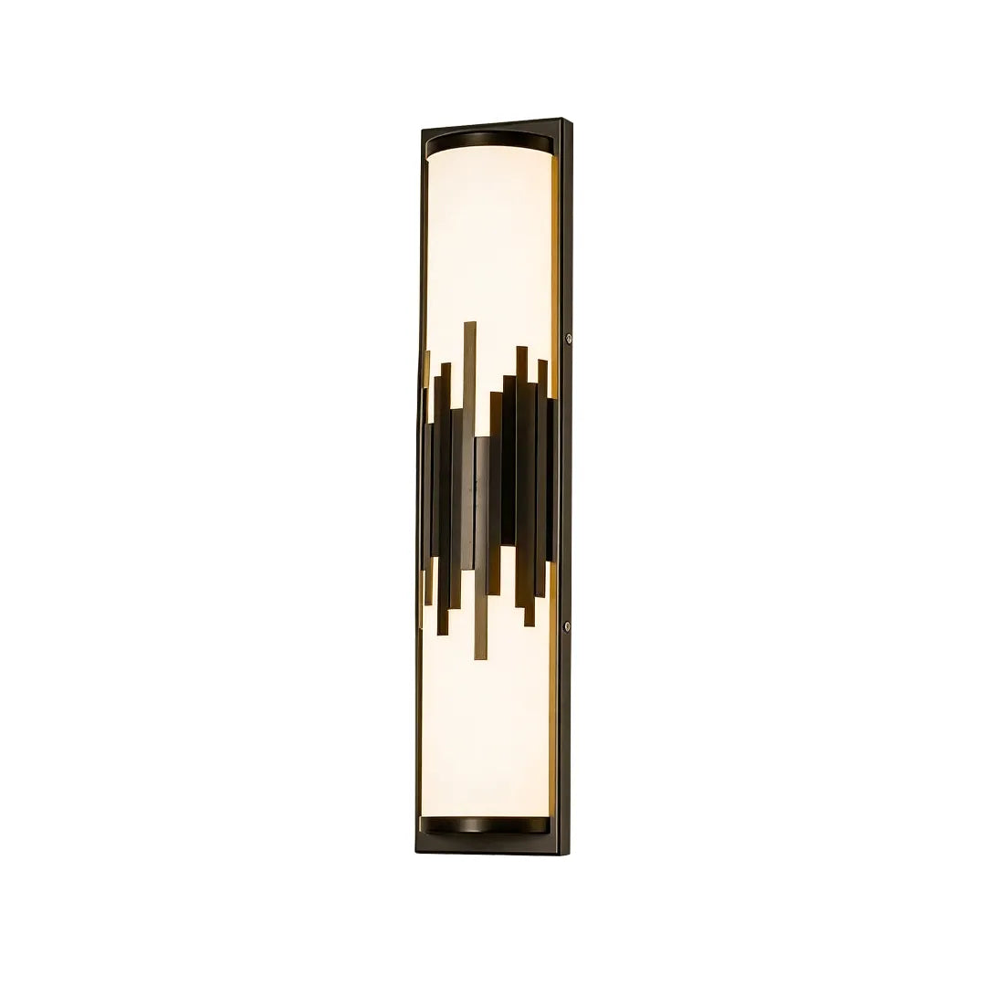 Modern outdoor wall sconce with black and gold accents and warm LED lighting