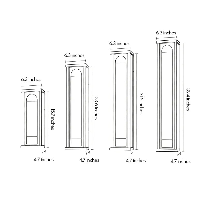 Modern outdoor wall sconce size guide showing four available heights and widths