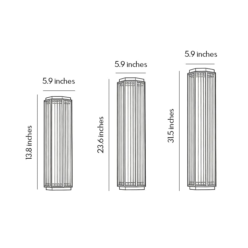 Modern outdoor wall sconce size guide showing three available heights and widths