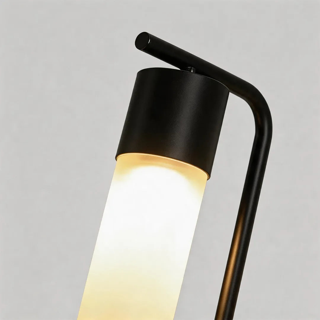 Modern outdoor wall sconce with frosted glass tube and black metal frame detail