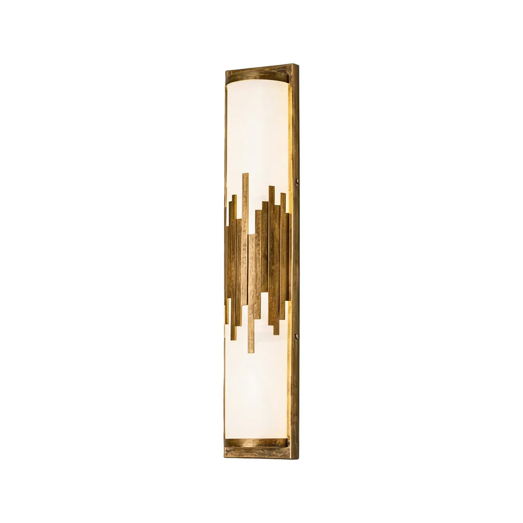 Modern outdoor wall sconce with gold frame geometric accents and warm glow