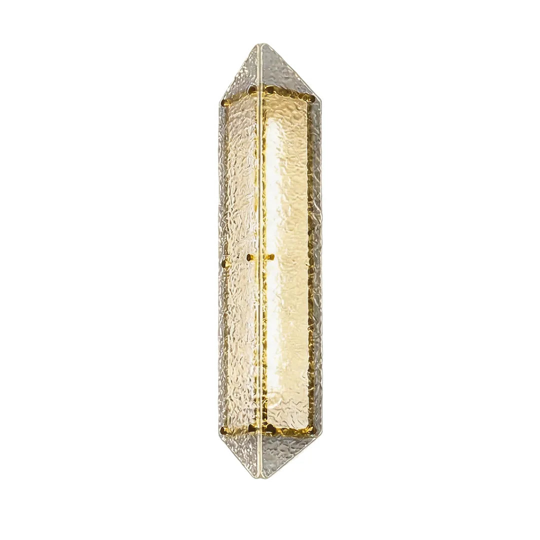 Modern outdoor wall sconce with gold frame textured glass and warm illumination