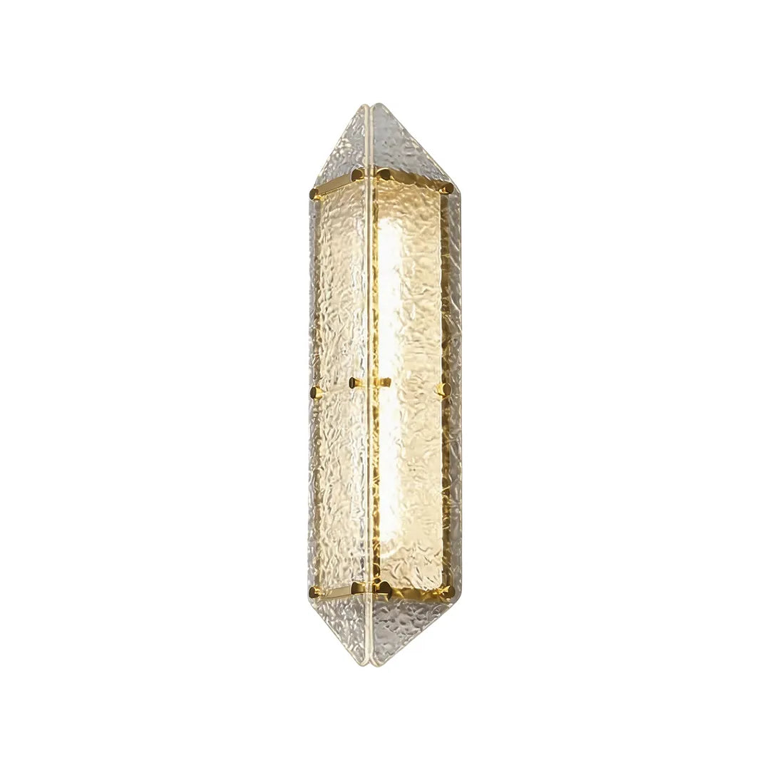 Modern outdoor wall sconce with gold frame and warm textured glass lighting