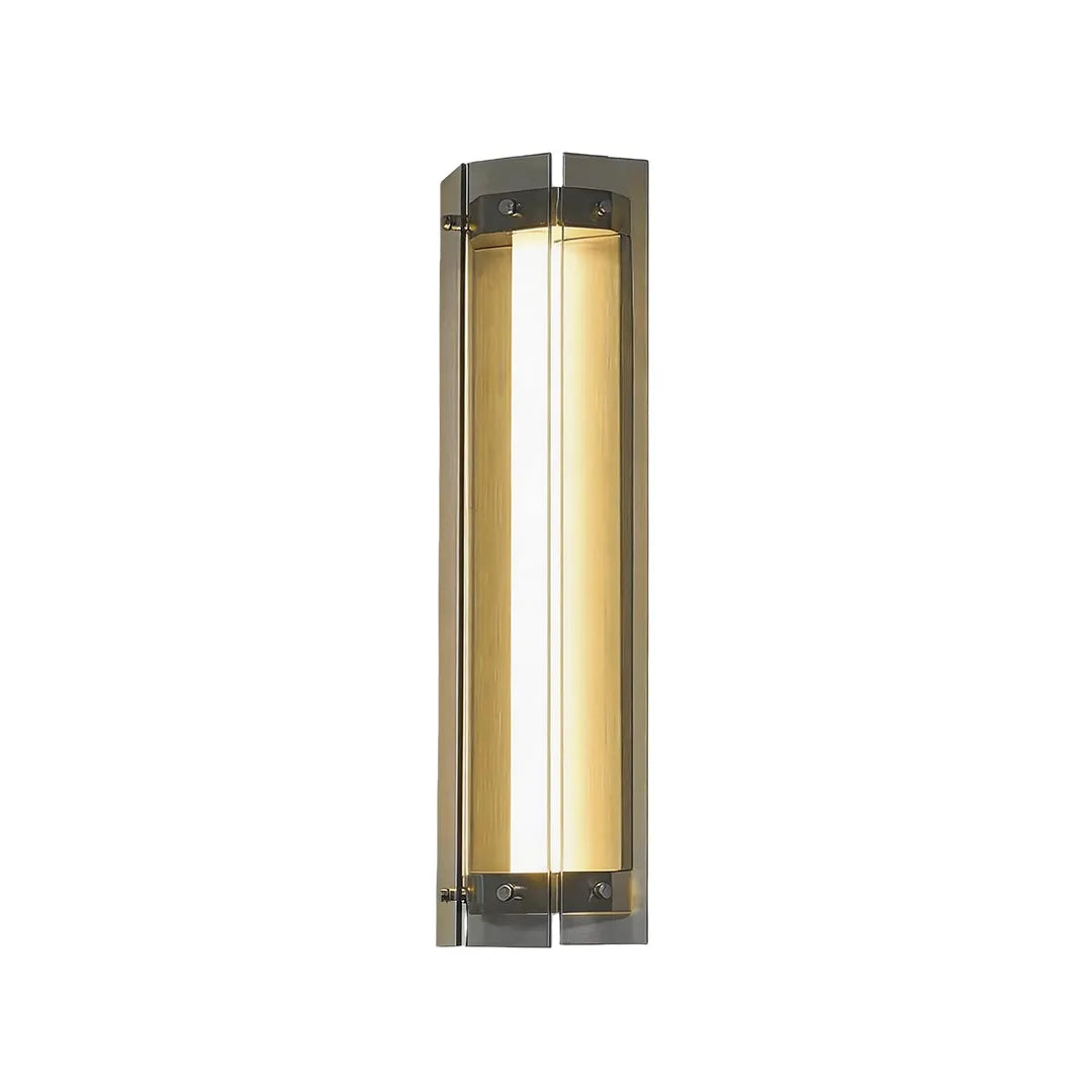Modern outdoor wall sconce with brushed silver frame and warm LED glow