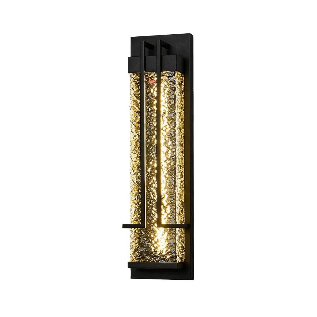 Modern outdoor wall sconce with black frame and warm LED lighting