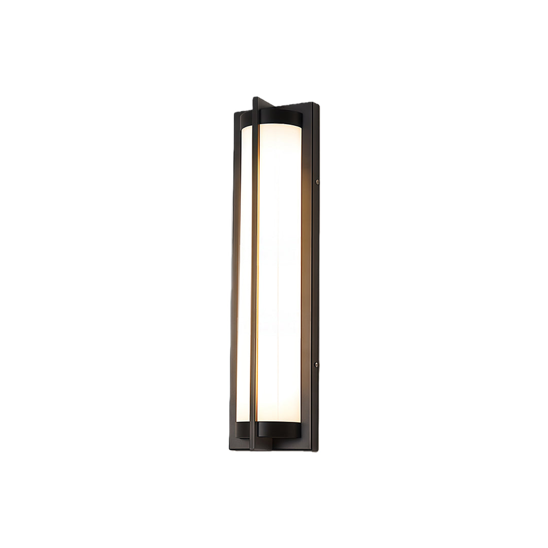 Modern outdoor wall sconces black featuring glass shade chandelier aesthetic in elongated vertical design with warm LED illumination.