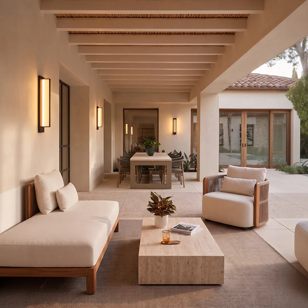 Modern outdoor wall sconces with warm glow along covered patio lounge