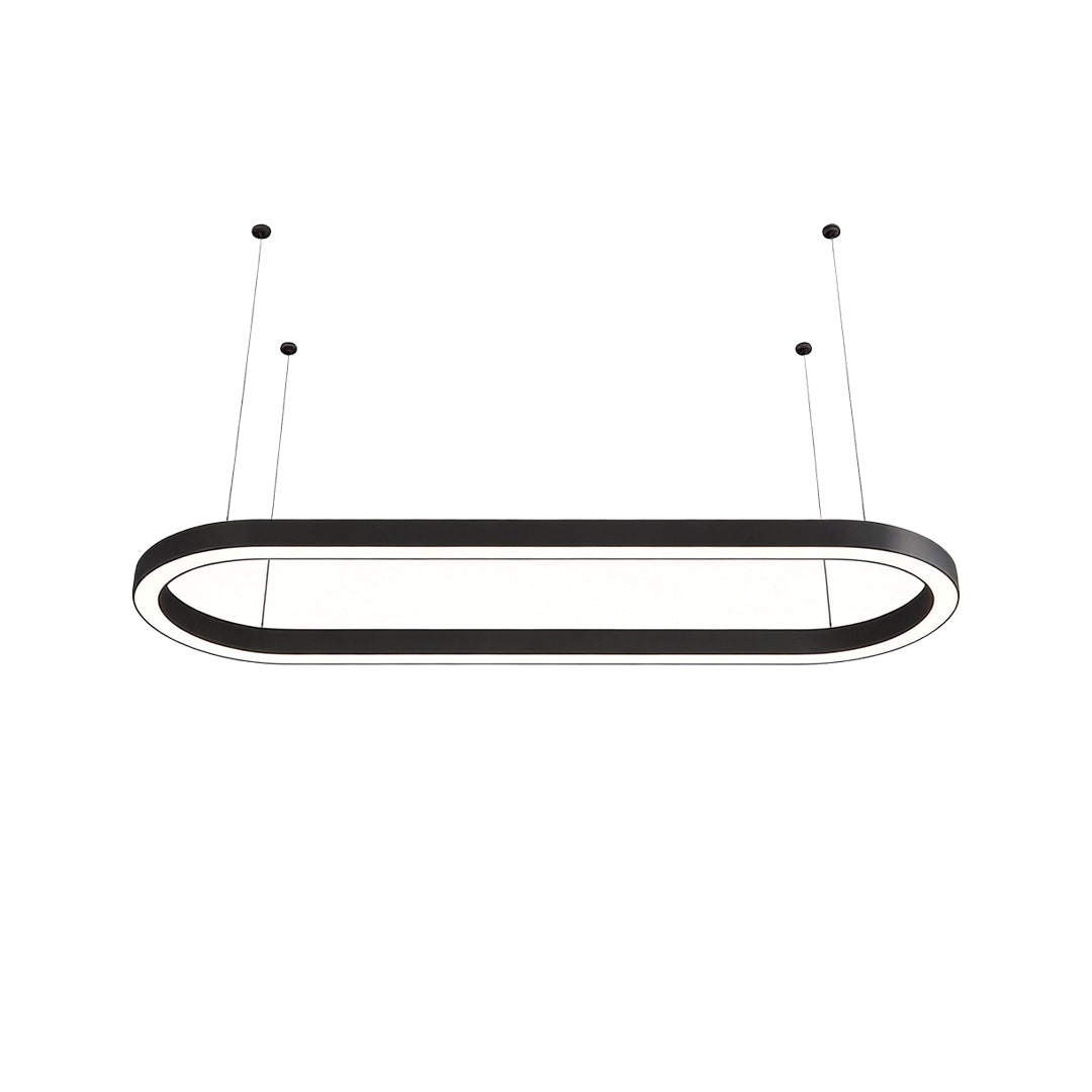 Modern oval chandelier product rendering with sleek suspended linear ring design.