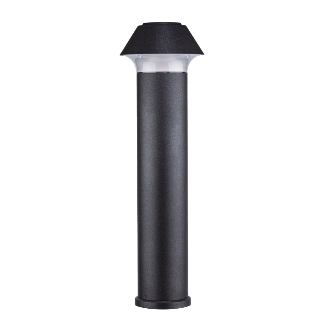 Modern black bollard light featuring distinctive pagoda-style cap with cylindrical post design