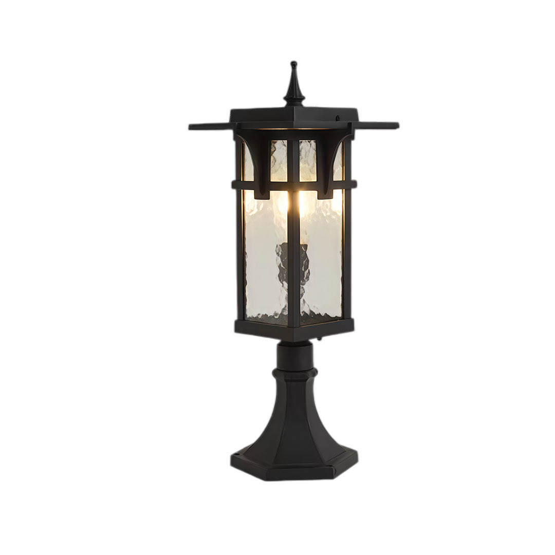 Modern path light with black metal frame and clear glass panels, displayed from a front angle.