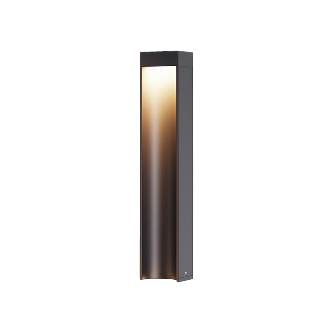 Modern path light stake with a sleek black rectangular design and warm light, perfect for garden pathways.