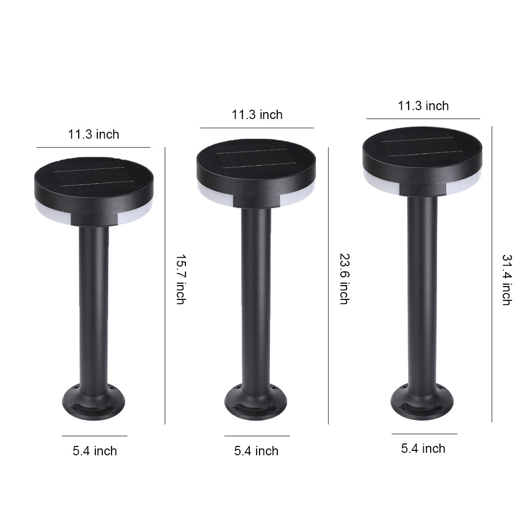 Modern pathway lighting collection showing three different height bollards with circular black tops and slim poles
