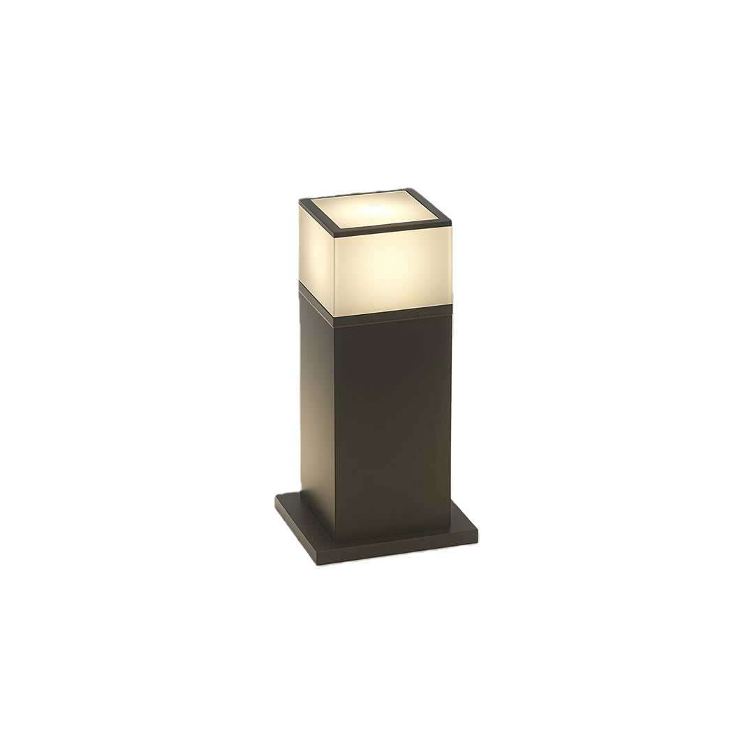 Modern pathway yard light with a sleek black square design and warm light, perfect for outdoor illumination.