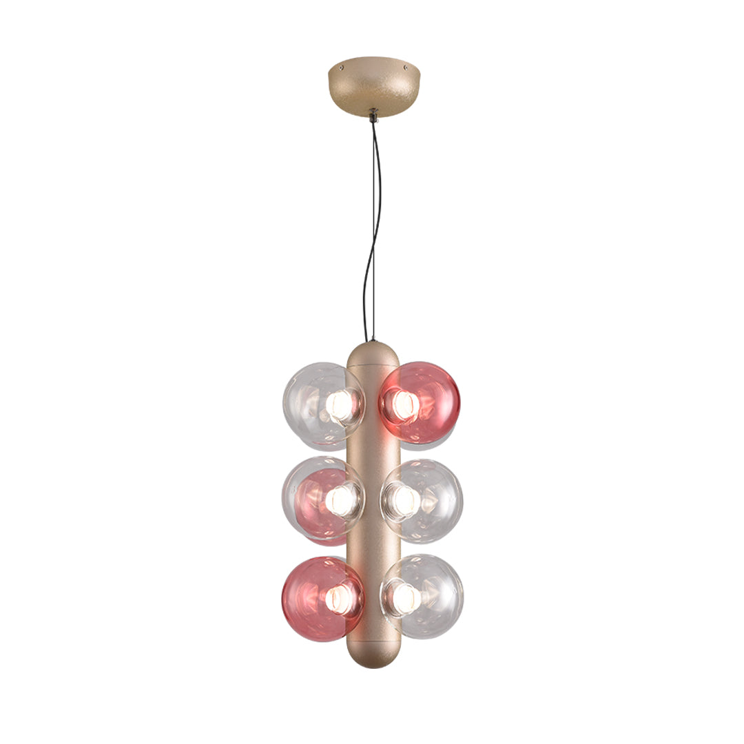 Modern pendant chandelier with brass finish and mixed pink and clear glass bubble clusters