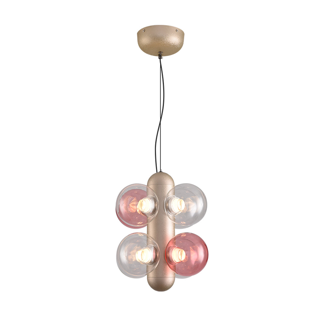 Modern pendant chandelier with brass finish and mixed pink and clear glass bubble clusters