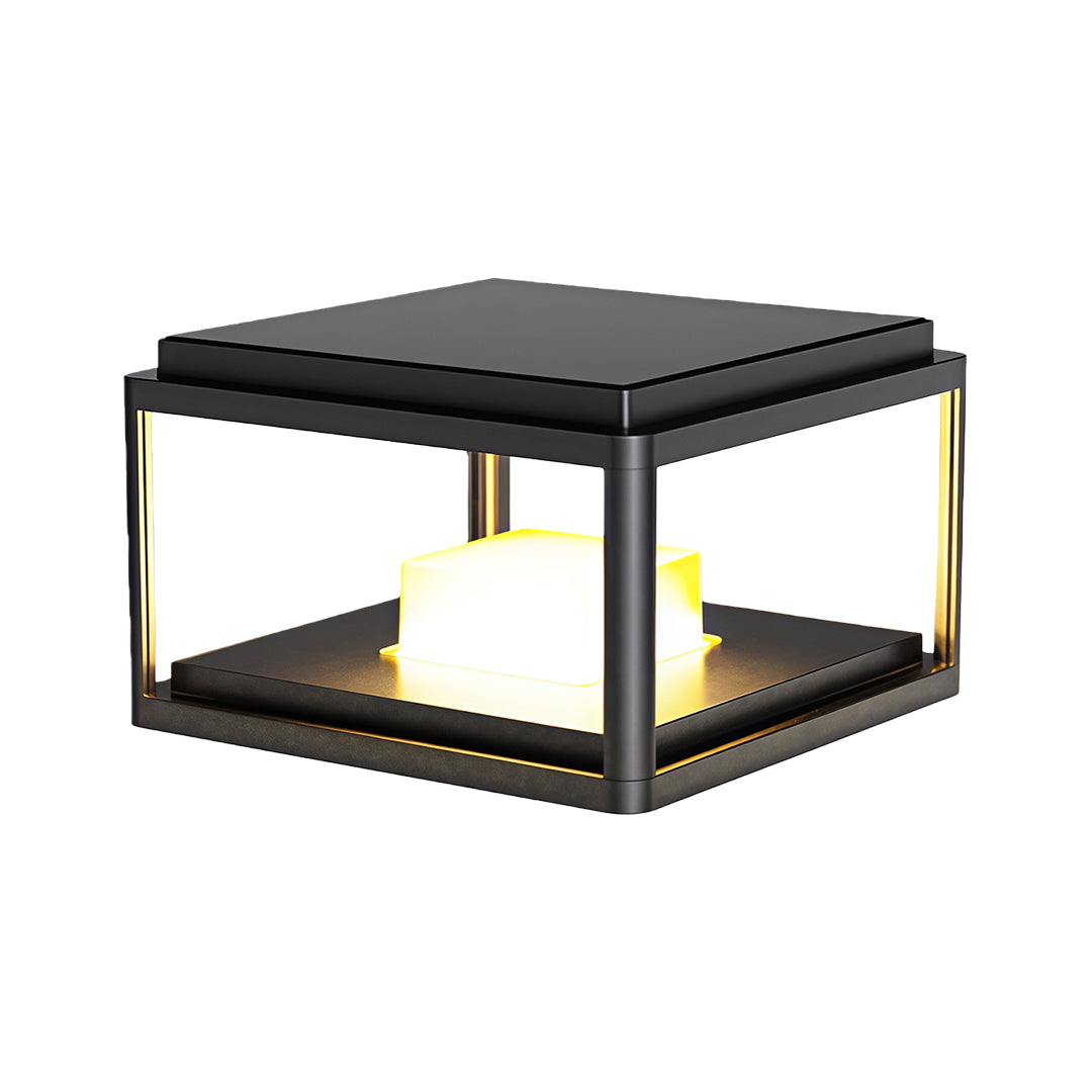 Modern pillar gate light with a sleek black square design and warm light, perfect for gateways and pathways.