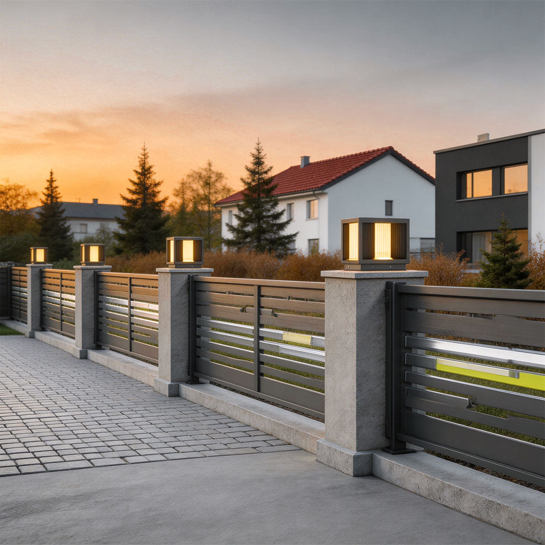 Modern pillar lighting installed along a metal fence with stone pillars at a residential entrance at dusk.