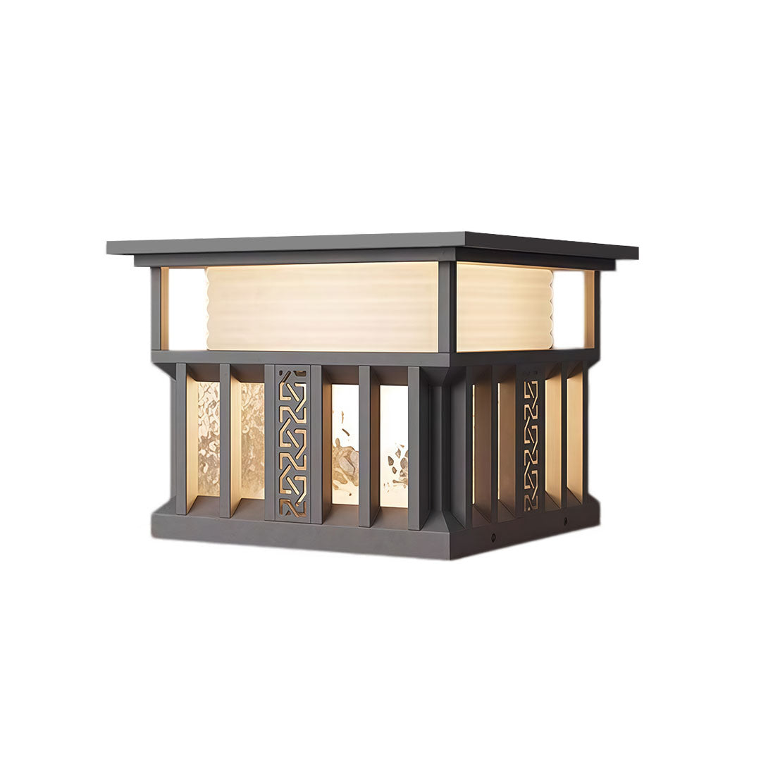 Modern pillar lights for house with a black frame and patterned sides, ideal for outdoor spaces.
