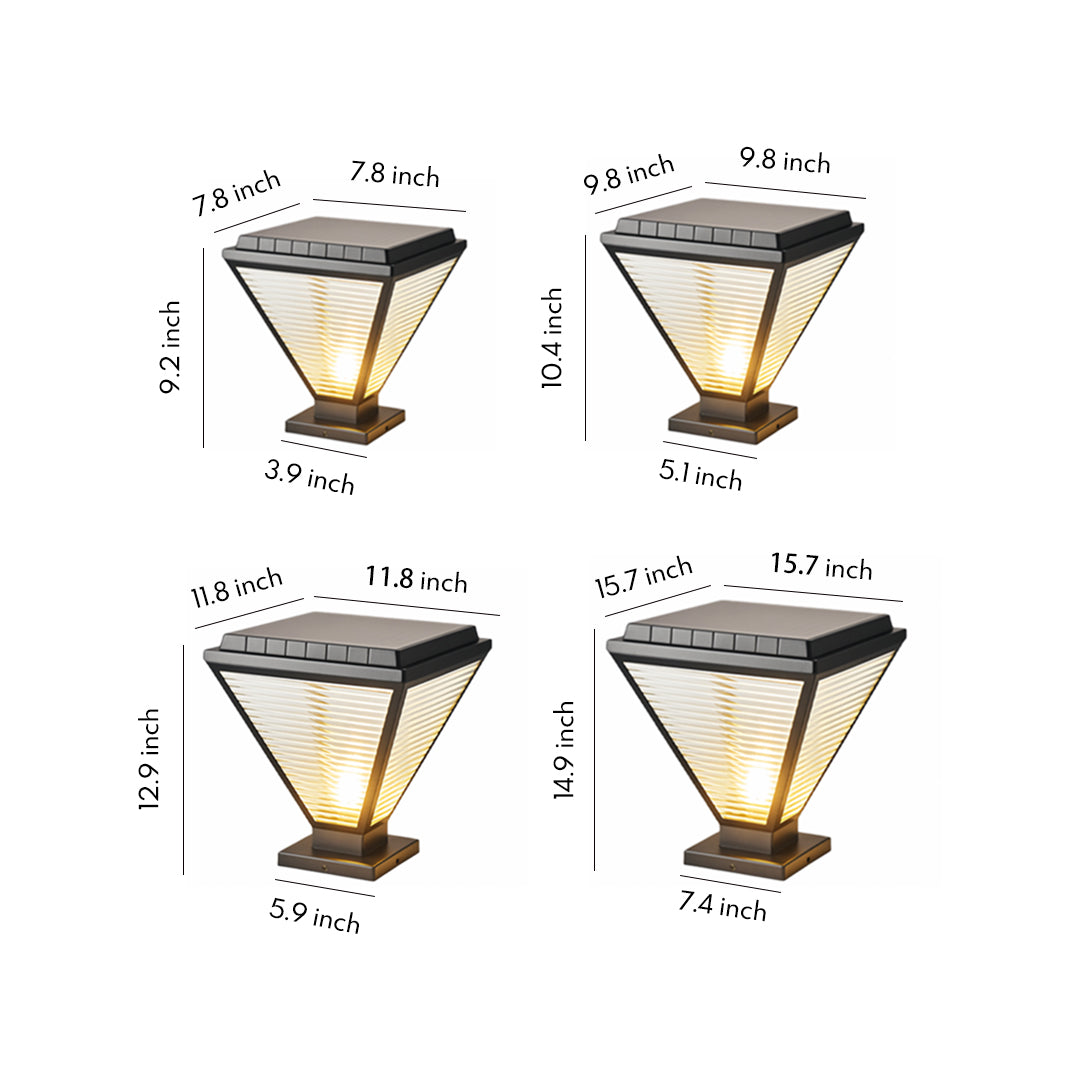 Modern pillar lights led with size reference chart on white background.