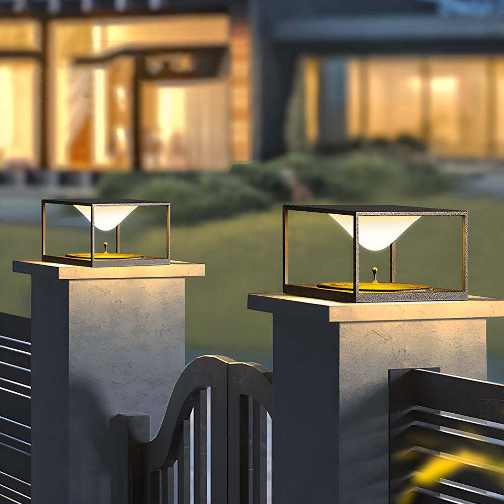 Silver Metal Table Lamp modern pillar post lights with black rectangular frames creating elegant pathway lighting in contemporary outdoor setting