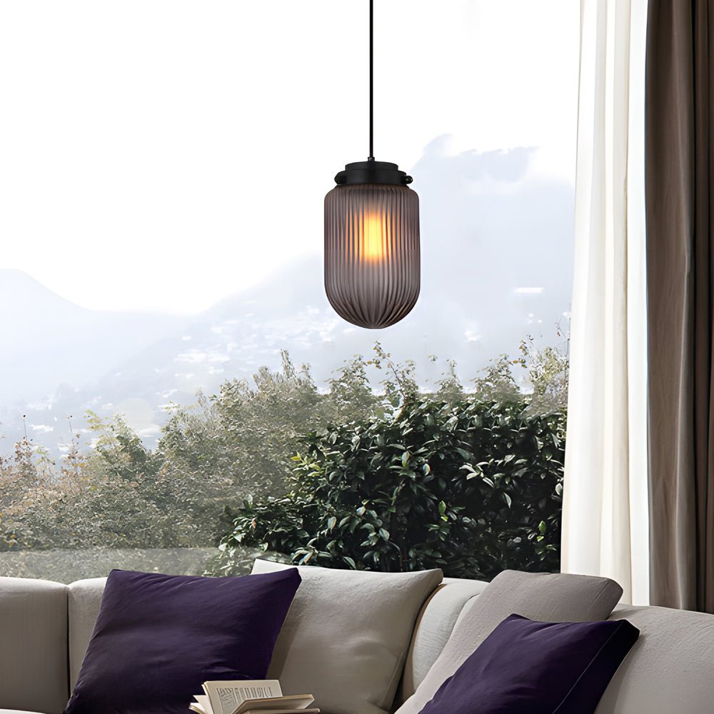 Modern Pinecone Shape Ribbed Glass Shade 1 - Light Pendant in Smoke Gray