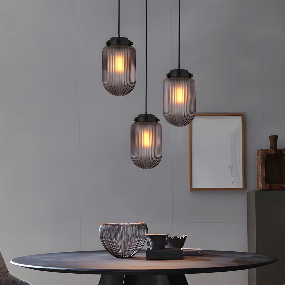 Modern Pinecone Shape Ribbed Glass Shade 1 - Light Pendant in Smoke Gray