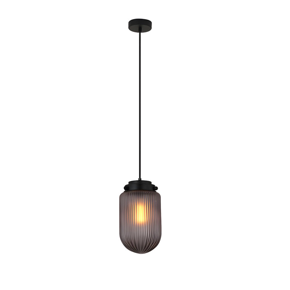 Modern Pinecone Shape Ribbed Glass Shade 1 - Light Pendant in Smoke Gray