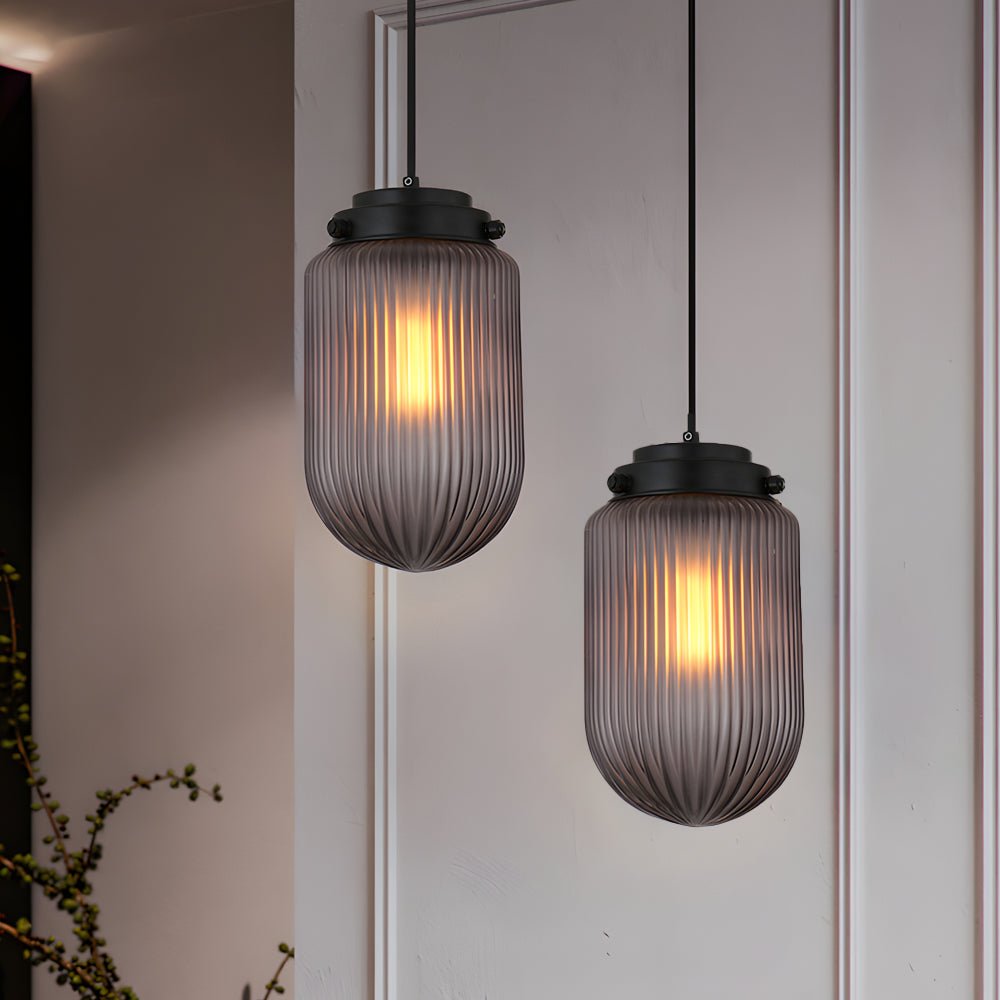 Modern Pinecone Shape Ribbed Glass Shade 1 - Light Pendant in Smoke Gray