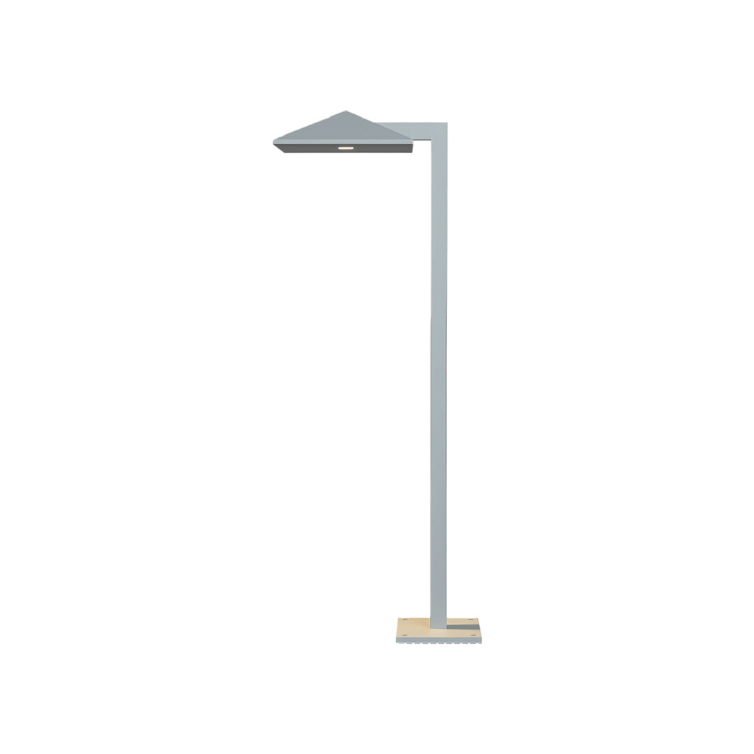 Modern plug-in pathway light with a sleek metallic pole and flat top design, perfect for garden pathways.