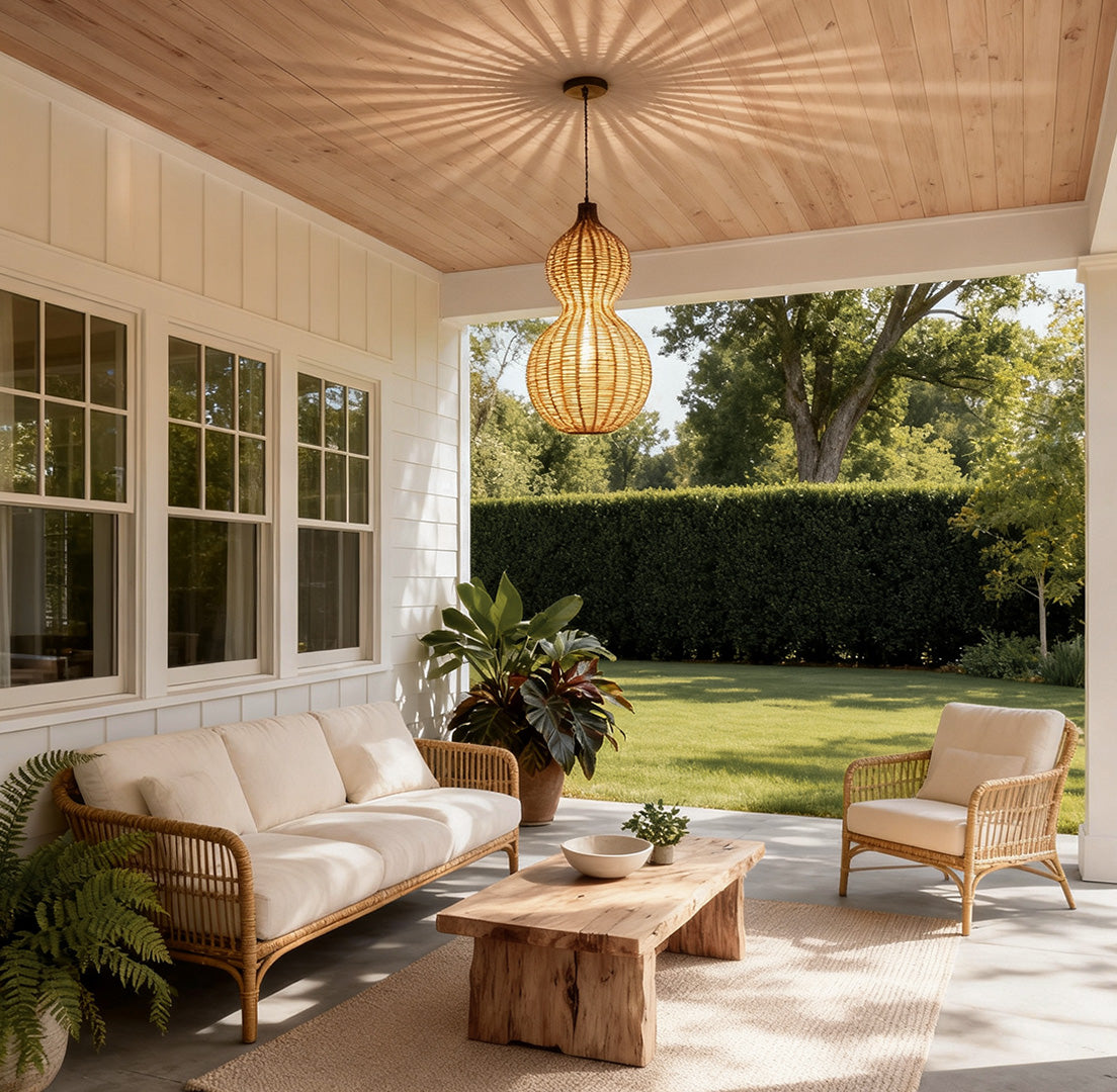 Modern rattan pendant light hanging over a cozy covered patio seating area, creating a warm and natural outdoor ambiance.