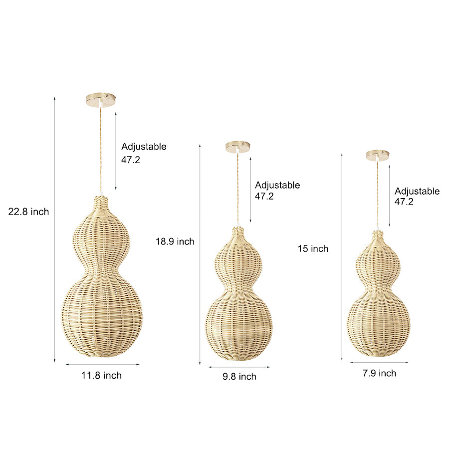 Modern rattan pendant light size comparison diagram showing multiple hanging options and proportions for installation.