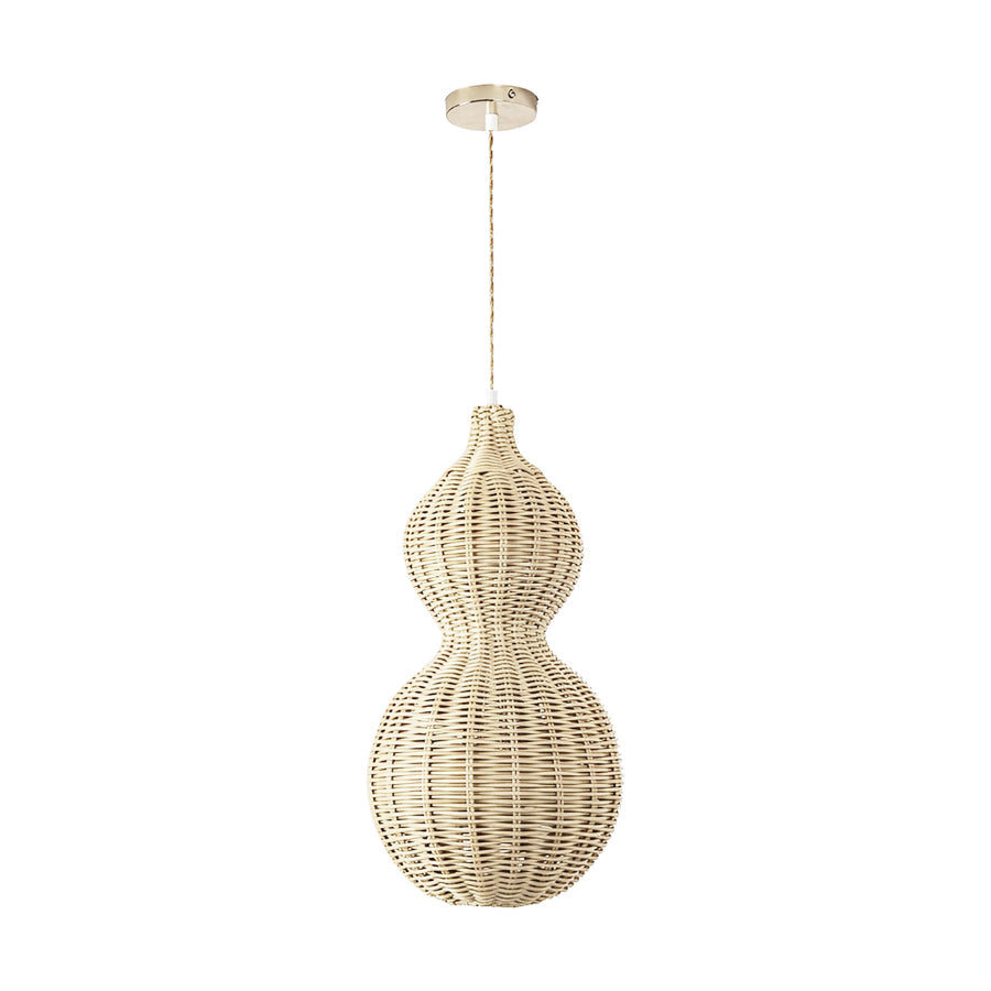Modern rattan pendant light in natural finish shown as a single hanging fixture, emphasizing organic woven texture.