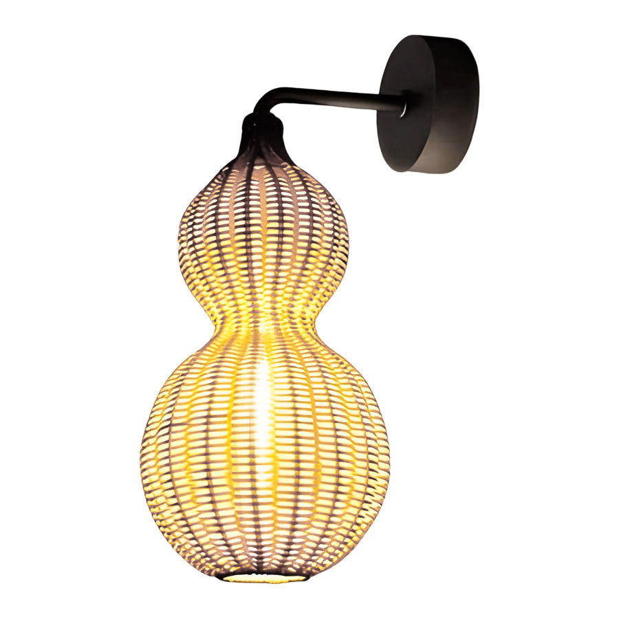 Modern rattan pendant light product image showing wall-mounted woven shade with warm internal bulb illumination.