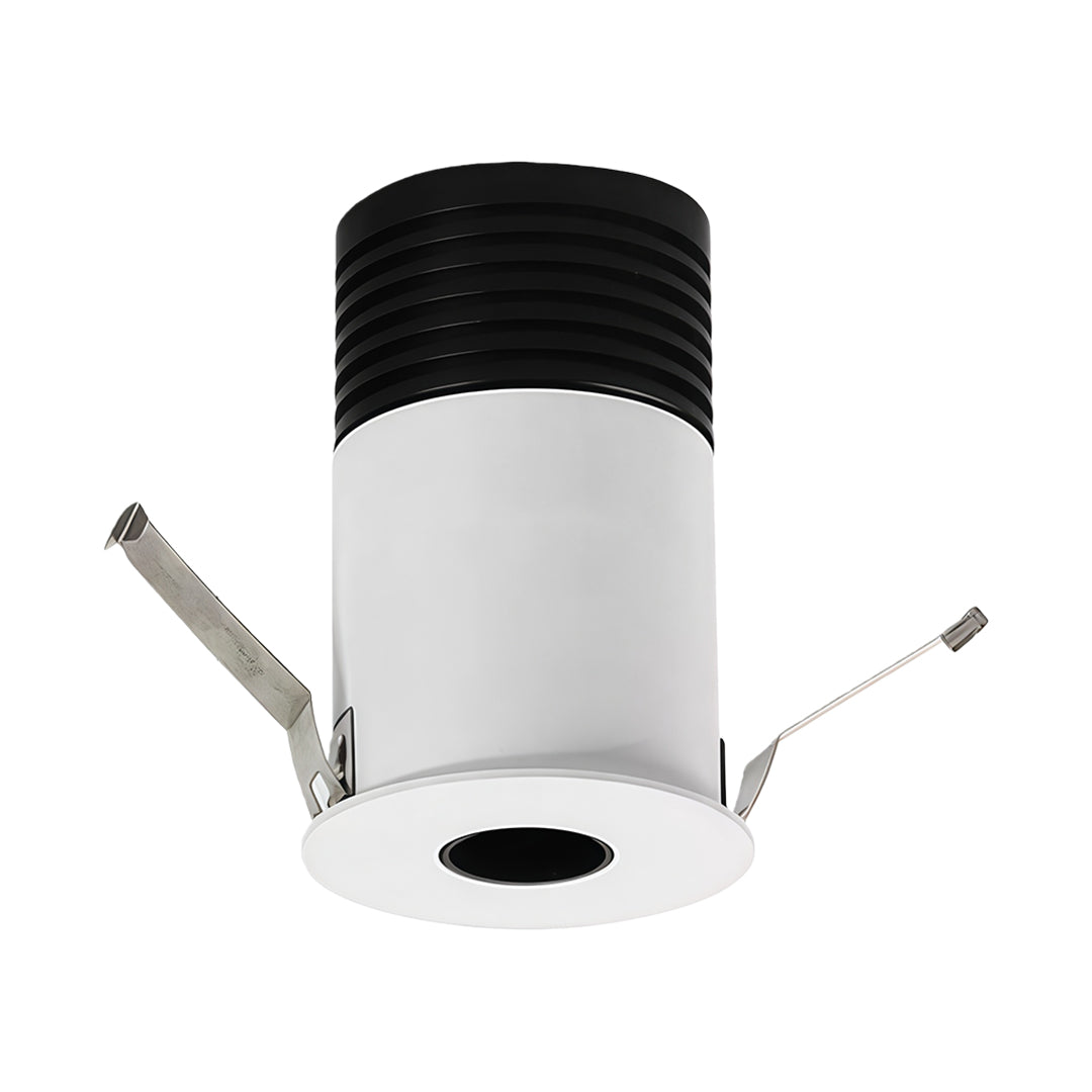 Modern recessed LED ceiling light with round white body and black ribbed heat dissipation cap