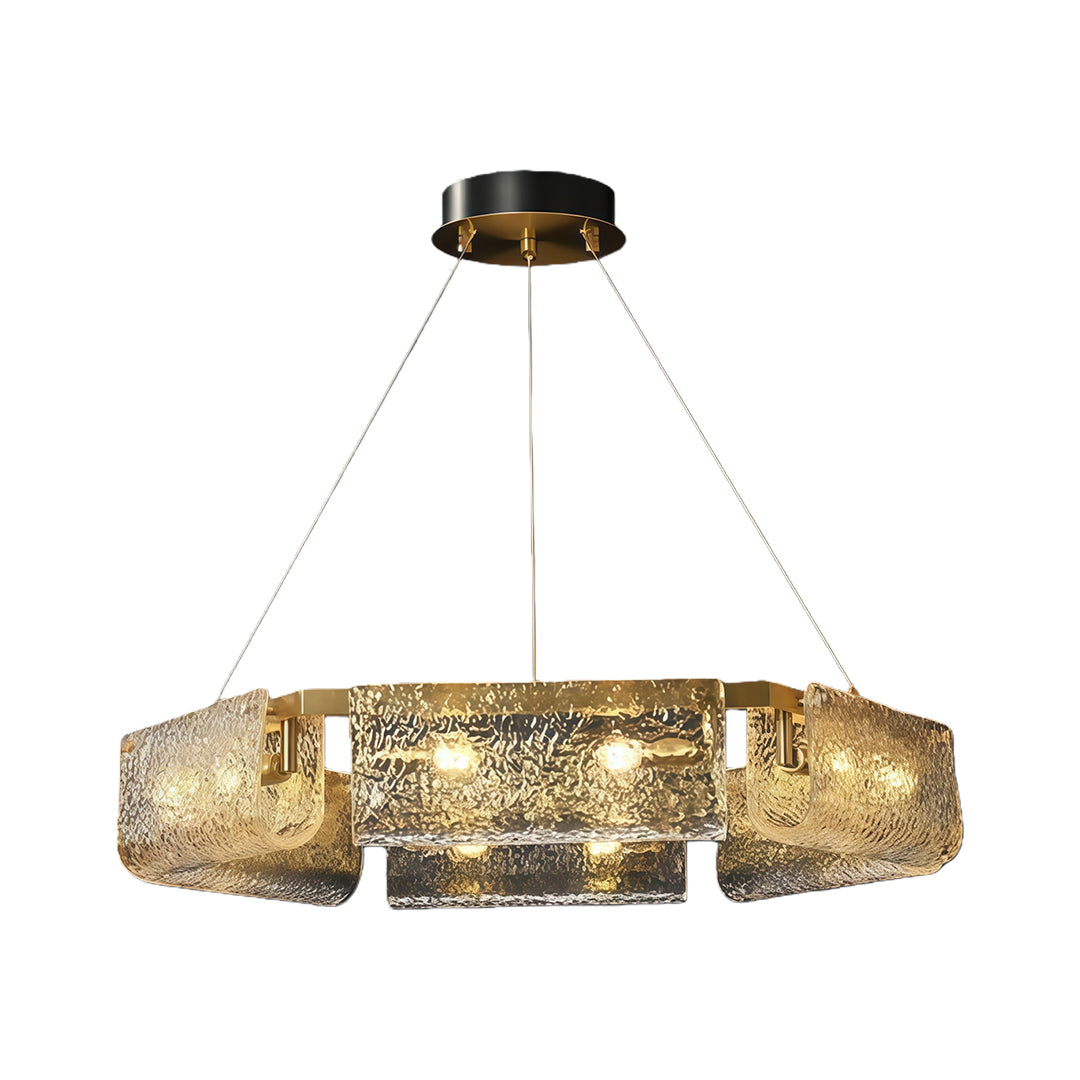 Modern rectangular glass chandelier with a gold frame, featuring a sleek and elegant design.